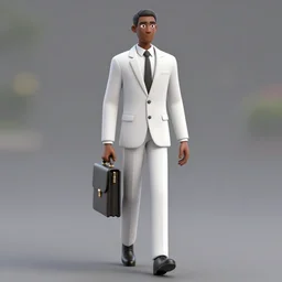 A long tall man with white eyes, black skin, and a white suit and tie walking with a briefcase, Photorealistic, Bokeh, 3D, coherent