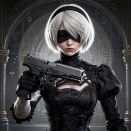 2 b from nier automata holding a glock 1 8 3 d render, insanely super detailed, realistic octane render, 1 6 k, detailed in front of an intricate background. art by james merry, micro detail, backlit lighting, trending on cgsociety