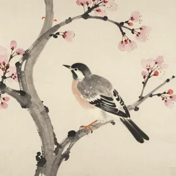 a bird in springtime. suiboku-ga. Japanese Sumi-e. Japanese color ink painting. mid-14th century