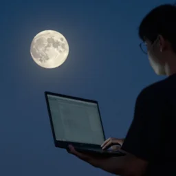 a man holding a computer, the moon can be seen in the background, hd photo, 2 0 0 mm