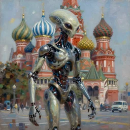 highly detailed painting of alien android patrolling moscow, by william turner, by greg rutkowski, by william constable, thick brush strokes and visible paint layers, 4 k resolution