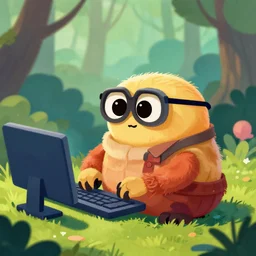 studious ewok typing on a computer in the forest, artstation, colorful