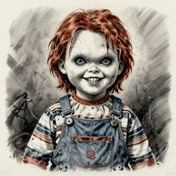 grunge drawing of chucky by - Zdzisław Beksiński , loony toons style, horror themed, detailed, elegant, intricate