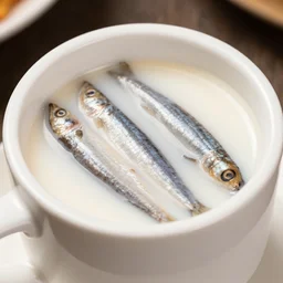 anchovies soaking in a white porcelain cup of milk tea, macro restaurant photo