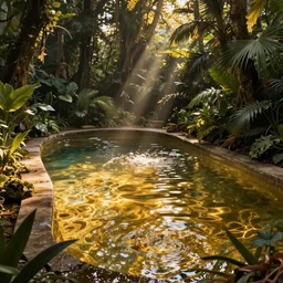 Swimming pool with gold water in the jungle