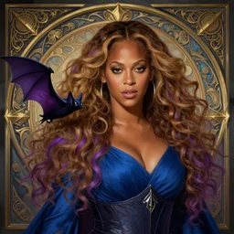 beyonce as a wizard, purple streaks in hair, bat hovering on her shoulder, blue clothing, deep focus, d & d, fantasy, intricate, elegant, highly detailed, digital painting, artstation, concept art, matte, sharp, illustration, hearthstone, art by artgerm and greg rutkowski and alphonse mucha