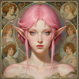 portrait of pink haired half elf, short hair, intricate, elegant, highly detailed, digital painting, artstation, concept art, smooth, sharp focus, illustration, art by artgerm and greg rutkowski and alphonse mucha and uang guangjian and gil elvgren and sachin teng and wlop, symmetry
