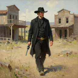 the man in black and a revolver in hand walking around an abandoned western town, impressionist painting