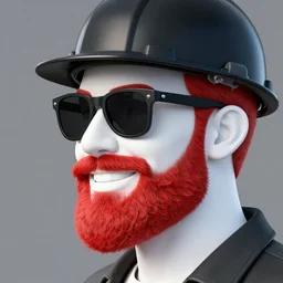 red bearded engineer with sunglasses and black hat, smiley profile, white skin, high detailed
