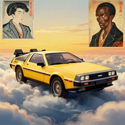 a yellow delorean in the clouds, golden hour, african, colourful art by salvador dali, hsiao - ron cheng & utagawa kunisada, magazine collage,