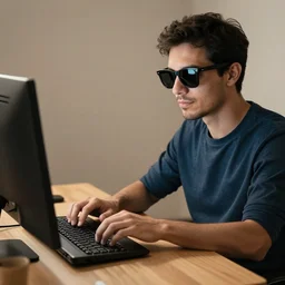 man typing on computer with sunglasses, exploitable image