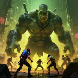 cyberpunk boss fight, giant orc. cinematic wide shot