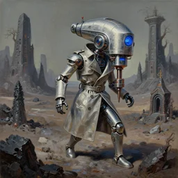 a chrome drillbot wearing a trenchcoat adventures through hematite badlands, matte oil painting, retrofuturistic science fantasy, shrines, trees, rpg, epic, extremely detailed, sharp focus, 4 k