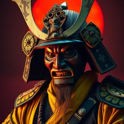 old samurai, with vibrant yellow, colors, surreal, a french baroque by alexander mcqueen, hyper detailed, very detailed, photograph, cinematic lighting, photorealistic, octane render, no red background, with red sun in background