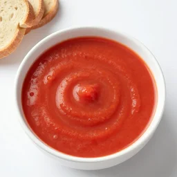 ultra realistic bowl of tomato soup with bread, top down view, product photography, menu image
