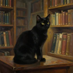 elditch cat in an old library, shadow cat, remedios vario painting