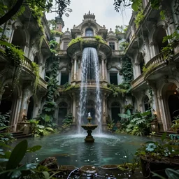 abandoned luxurious victorian spa, massive architecture, vegetation growing, waterfalls inside the building, eerie, dramatic lighting, flooded