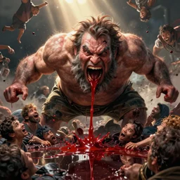 an insane big chungus is devouring people, with blood dropping from his mouth, pools of blood, reflections, atmospheric, Greg rutkowski, Trending artstation, cinematográfica, digital Art