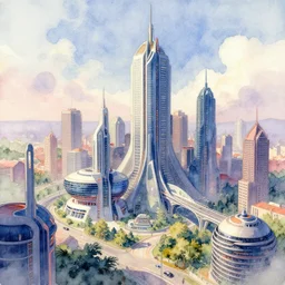 beautiful watercolor painting of futuristic city, trending on artstation, award winning