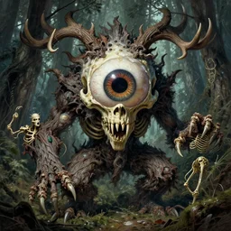 hyperdetailed art nouveau portrait of treebeard as a cthulhu eyeball skull dragon monster, by micheal whelan, simon bisley and bill sienkiewicz, grim yet sparkling atmosphere, photorealism, claws, skeleton, antlers, fangs, forest, wild, crazy, horror, lynn varley, lovern kindzierski, steve oliff