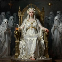 the pale lady sits on her throne. the goddess of death holds court for a crowd of ghosts. in her hands is a can of beer. historical painting, artstation trending