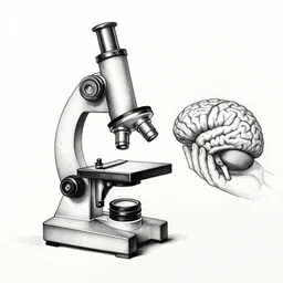 a black and white ink pen illustration of et holding a microscope in one hand and a small brain in the other hand, highly detailed