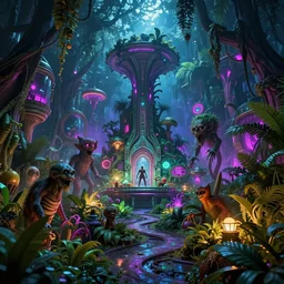 theme park, horror scene, vibrant lush neon lighting, beautiful volumetric-lighting-style atmosphere, futuristic atmosphere, intricate, detailed, photorealistic imagery, artstation