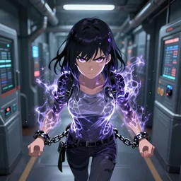 Digital anime art by WLOP and Mobius, The hallway of a science complex, escaping test subject, a girl with dangerous psychic glow, chains on wrists, angry expression, highly detailed, intriguing lighting