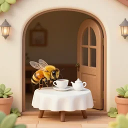 a little worker bee having a tea party with another worker at the entrance of their hive while on break, both are wearing victorian dresses, photography, photorealistic, national geographic