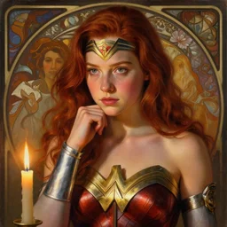 a realistic candlelit portrait painting of a thoughtful girl resembling a young, shy, redheaded alicia vikander or millie bobby brown dressed as wonder woman, highly detailed, intricate, concept art, artstation, by donato giancola, alphonse mucha, and william bouguereau