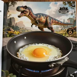 a frying pan cooking a dinosaur egg. food magazine photograph.