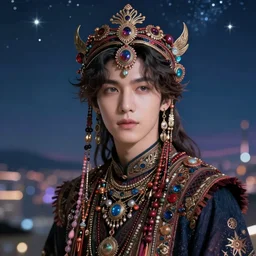masterpiece portrait charming and miracle male luxury astromancer boho accessories in dreamlike movie, kpop, miracle, high detailed face, art by artgerm, greg rutkowski, sasoura, satchely, big major starry sky and city in background, uhd, medium long shot, fantasy, twlight, no distorsion, sharp focus