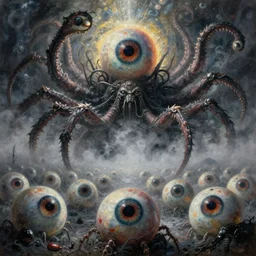 ritual of otherworldly massive cthulu god arising over foggy grim obsidian landscape made of giant eyeballs, painting by donato giancola, artgerm, edvard munch john berkey, gustave dore, thomas moran, hieronymus bosch, hp lovecraft, paranoid vibe, terror giant infinite eyes horror spider eyes tentacles maggots feeling of madness and insanity