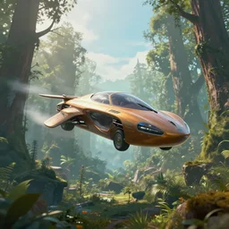 flying car in futuristic spiritual mystical post apocalyptic forest, beautiful, crisp, artstation, highly detailed