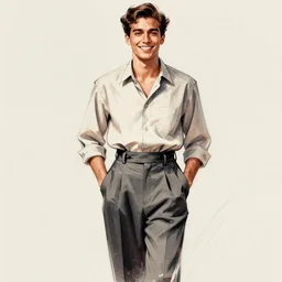 confident, smiling 1 9 2 0 s man in full figure with his hands in his pockets. dark hair, shirt, high - waisted pants. fashion drawing