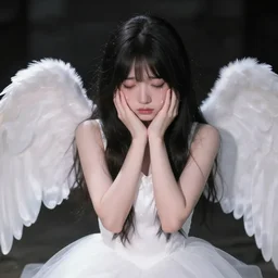 anime girl, beautiful girl, white dress. black hair, angel wings, crying, sadness