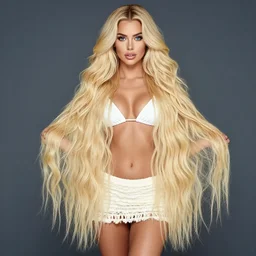 photograph : a very beautiful young woman with extremely long blond hair, full body photo, extremely long wavy 2 0 meters long blond hair, sky blue eyes, full round face,, bikini, miniskirt, front shot, extremely long thick blond hair