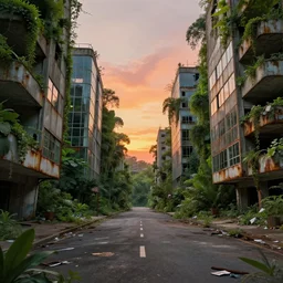 streetview, brutalist buildings, abandoned, empty streetscapes, lush green jungle, natural volumetric lighting, sunset, rusted steel, concrete, glass, stunning skies, scattered rubbish and debris, 8 k, finely detailed, unreal engine, imax, cinematic, beautifully illustrated, sharp focus, minimal artifacts, doom, greg rutkowski, le corbusier, artstation