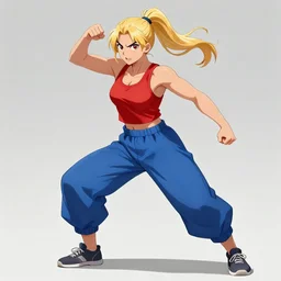 An athletic young woman with blonde ponytails, a determined and enthusiastic expression, wearing a red tank top and voluminous blue pants, concept art, full body shot, action pose, trending on pixiv