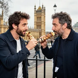 pablo iglesiasn on the left, and santiago abascal on the right sharing a kebab in the houses of parliament