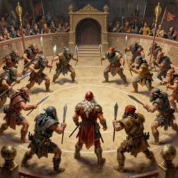 painting of a single dwarven berserker facing a crew of crazy goblin warriors in deadly combat on a gladiator pit, sharp focus, high symmetry, award - winning, trending on artstation, masterpiece, highly detailed, intricate. art by eric deschamps