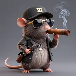 anthropomorphic gangster rat smoking a huge cigar, wearing sunglasses and a cap, long fur, holding a gun, anthropomorphic rat, detailed, 3d render, 4k, pixar