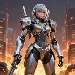 oav, armored and weaponized robot girl, a burning city in the background, intricate details, beautiful composition, masterwork 8 k, anime, by yoshiaki kawajiri