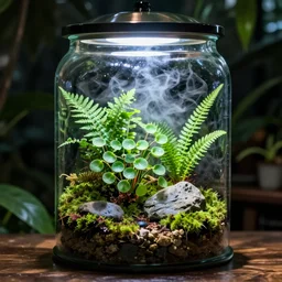 a terrarium jar with fittonia plant, fern plant, moss and stone in a tropical atmosphere, mist
