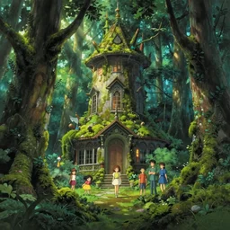 mystical building in the woods, moss, lianna, jungles, by cory loftis & akihiko yoshida & james gilleard & atey ghailan & makoto shinkai & goro fujita & studio ghibli, rim light, exquisite lighting, clear focus, magic atmosphere, very coherent, plain background, soft painting