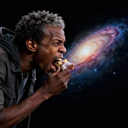 a cinematic still of ((neil degrasse tyson)) ferociously eating a galaxy, galactus!!!!, (octane render, nvidia raytracing demo), masterpiece, (monster), (empty black void)