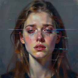 portrait of a beautiful woman, crying, glitch effects over the eyes, shadows, by Guy Denning, by Johannes Itten, by Russ Mills, centered, glitch art, hacking effects, chromatic, cyberpunk, color blocking, oil on canvas, concept art, abstract