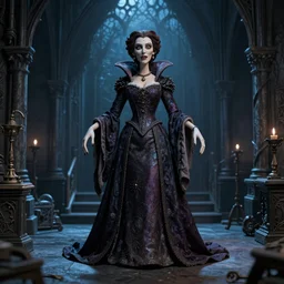 photo taken of an epic intricate, ultra detailed, super realistic stop motion puppet of a majestic gracious regal aristocratic brunette female vampires in a gothic victorian filmset studio created by weta workshop and tim burton, menacing, wide angle, full body shots, photorealistic, sharp focus, gloomy, extremely cold blueish colour temperature, 3 5 mm, f 1. 4, golden ratio