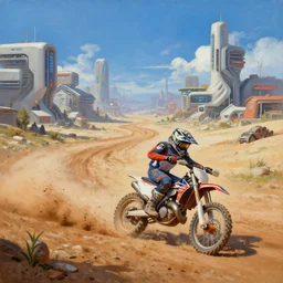 dirt town futuristic landscape, motorcycle race, painting art