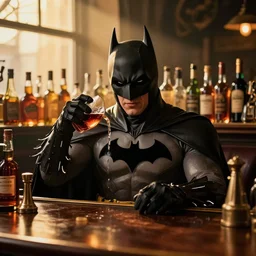 batman drunken in a pub surrounded by alcohol bottles, photography, golden hour